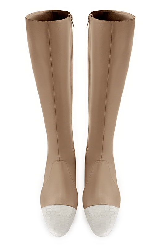 Off white and tan beige women's feminine knee-high boots. Round toe. Low block heels. Made to measure. Top view - Florence KOOIJMAN